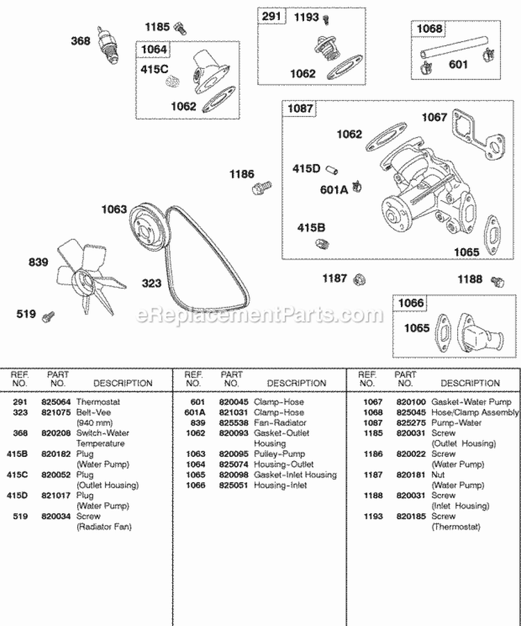 Water Pump Vee Belt Radiator Fan Diagram and Parts List for 581447-0375-E2  Briggs and Stratton Engine